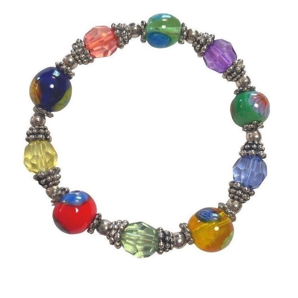 Glass Lamp Work Bracelet Beaded Stretch Boho Silvertone Multicolor Jewelry